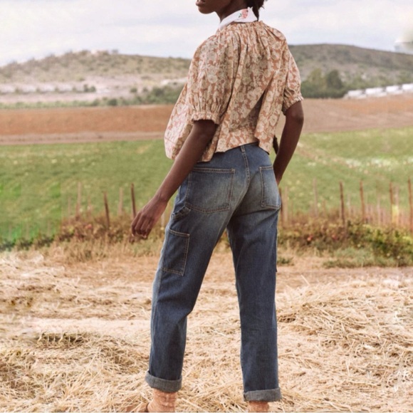 The GREAT. The Garland Top Puff Sleeve Boho Blouse Oat Wild Brush Floral 0 XS - Picture 3 of 16